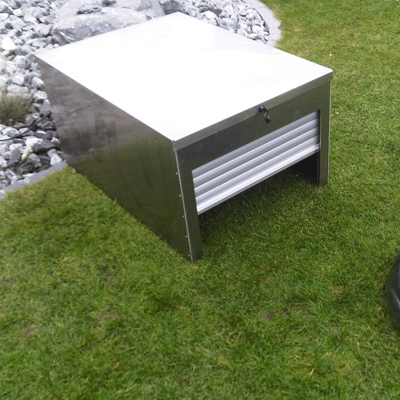 Robot mower shelter with aluminium roller shutters Robot mower shelter with aluminium roller shutters